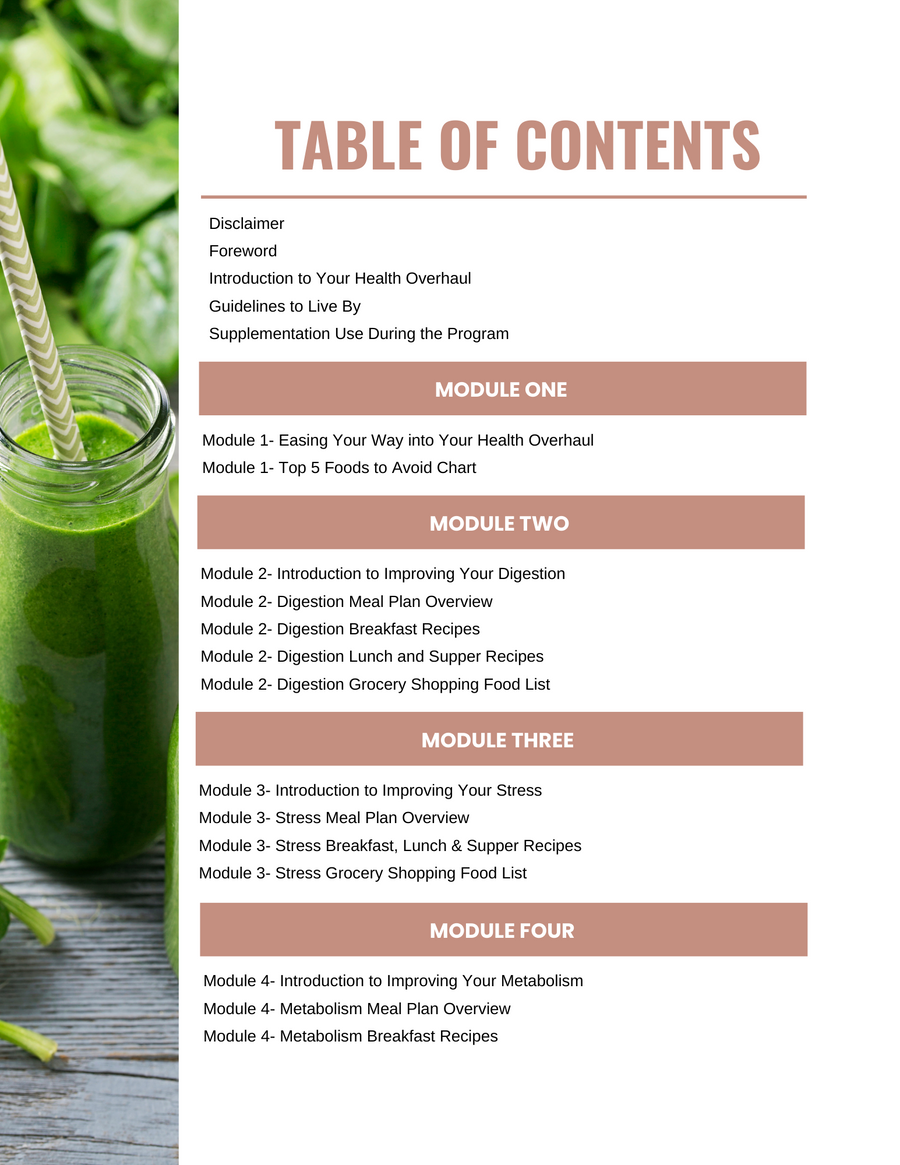 NUsisters New Start Table of Contents. Disclaimer. Foreword. Introduction to your health overhaul. Guidelines to live by. Supplementation use during the program. Module one. Eating your way into your health overhaul. Top 5 foods to avoid chart. Module two. Module three. Module four.