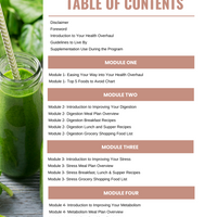 Table of Contents Disclaimer Foreword. Introduction to your health overhaul. Guidelines to live by. Supplementation use during the program. module one. Module two. module three. module four.