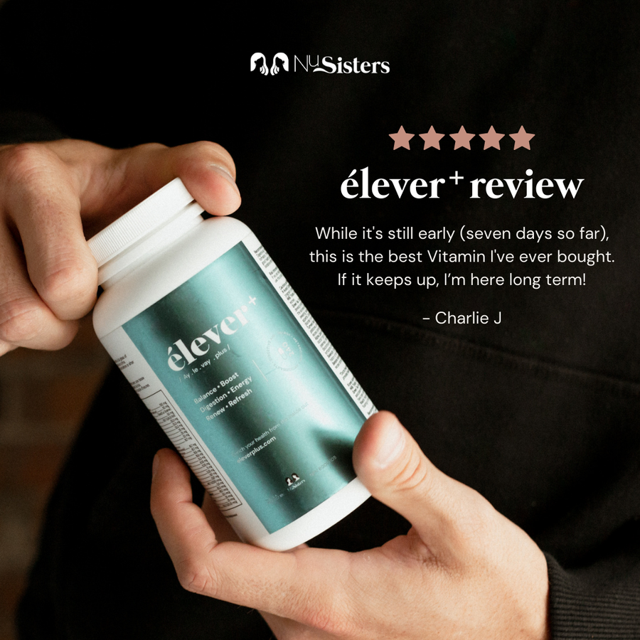 A mans hands holding a bottle of Elever Plus MensBalance. Boost. Digestion. Energy. Renew. Refresh. 60 capsules. NUsisters. Review While it's still early (seven days so far), this is the best Vitamin I've ever bought. If it keeps up, I'm here long term! - Charlie J