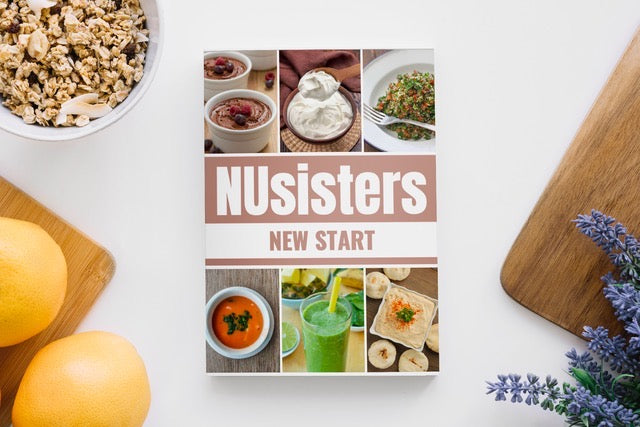 NUsisters New Start Cookbook on a counter with lemons, and lavender and granola.