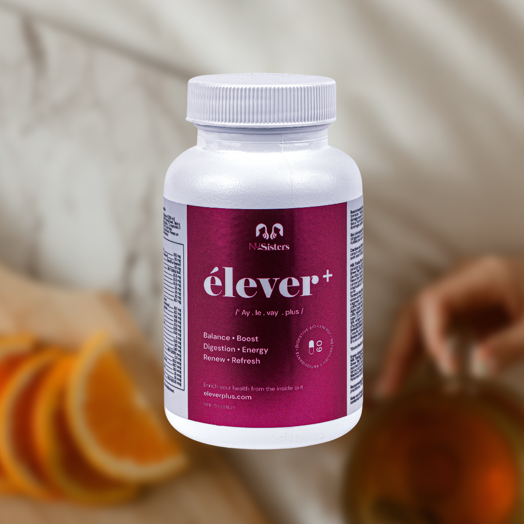 A large bottle of elever woman's multivitamin. Balance. Boost. Digestion. Energy. Renew. Refresh. 60 capsules. With a woman holding a tea in the background and oranges.