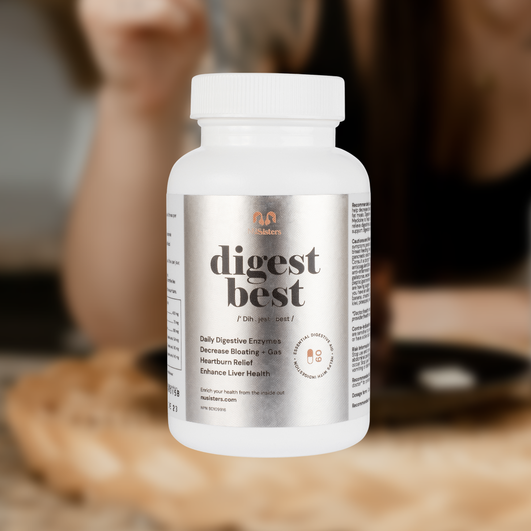 A large white bottle of Digest Best Digestive enzyme. Daily Digestive Enzyme. Decrease bloating and gas. Heartburn relief. Enhance liver health. NUsisters. 60 Capsules. Woman eating cake in the background. 60 capsules.