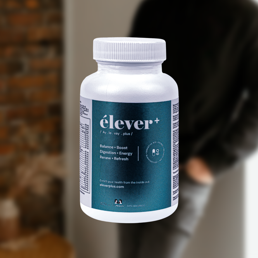 A bottle of Elever Plus Balance. Boost. Digestion. Energy. Renew. Refresh. 60 capsules. A large bottle with a man leaning against a wall in the background.