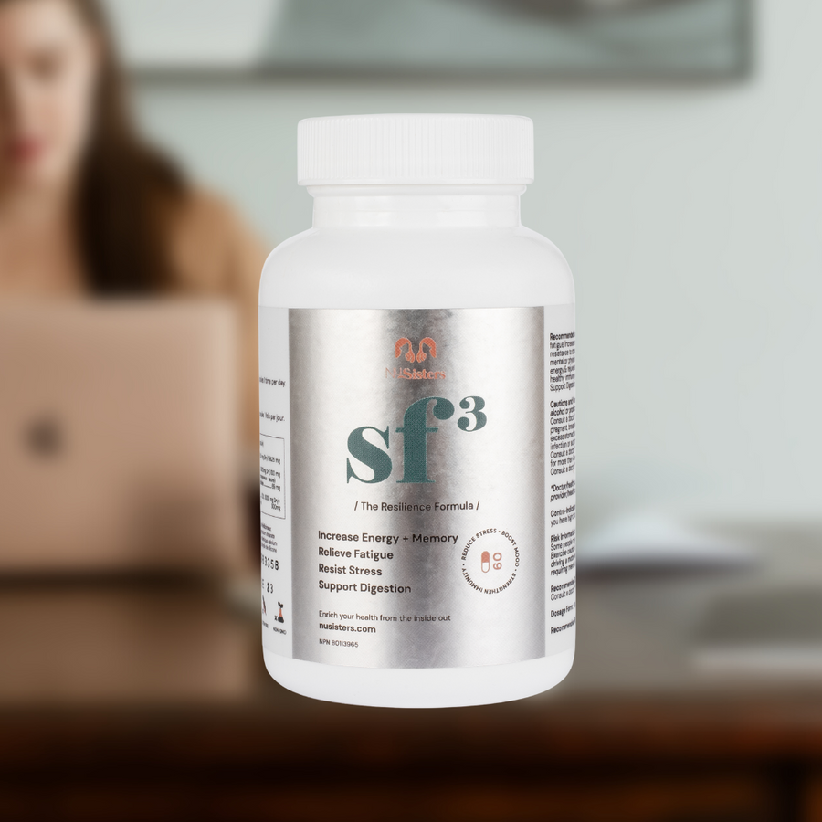 NUsisters. SF3. Stress Free Three 3. Increased energy + memory. Relieve Fatigue. Resist Stress Support Digestion. 60 capsules. In the background a laptop and a woman on it.
